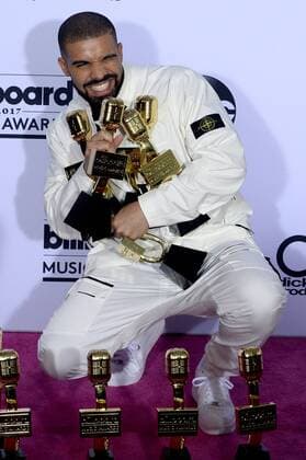 Recording artist Drake appears backstage with his awards for Top Artist, Top Male Artist, Top Billboard 200 Artist, Top Billboard 200 Album for Views, Top Hot 100 Artist, Top Song Sales Artist, Top Streaming Artist, Top Streaming Song (Audio) for One Dance, Top R&B Song for One Dance, Top R&B Collaboration for One Dance, Top Rap Artist, Top Rap Album for Views, and Top Rap Tour, during the annual Billboard Music Awards held at T-Mobile Arena in Las Vegas, Nevada on May 21, 2017. This year?s show will air live on both coasts at 8 p.m. ET on ABC. LAV201705211012 JIMxRUYMEN