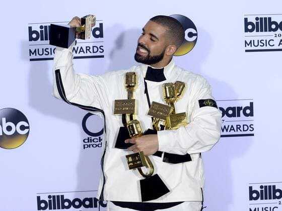 Recording artist Drake appears backstage with his awards for Top Artist, Top Male Artist, Top Billboard 200 Artist, Top Billboard 200 Album for Views, Top Hot 100 Artist, Top Song Sales Artist, Top Streaming Artist, Top Streaming Song (Audio) for One Dance, Top R&B Song for One Dance, Top R&B Collaboration for One Dance, Top Rap Artist, Top Rap Album for Views, and Top Rap Tour, during the annual Billboard Music Awards held at T-Mobile Arena in Las Vegas, Nevada on May 21, 2017. This year?s show will air live on both coasts at 8 p.m. ET on ABC. LAV201705211014 JIMxRUYMEN
