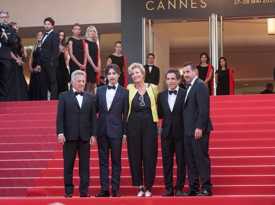 (170521) -- CANNES, May 21, 2017 -- (From L to R) U.S. actor Dustin Hoffman, U.S. director Noah Baumbach, British actress Emma Thompson, U.S. actor Ben Stiller and U.S. actor Adam Sandler pose on the red carpet for the screening of the film The Meyerowitz Stories in competition at the 70th Cannes International Film Festival in Cannes, France, on May 21, 2017. ) FRANCE-CANNES-FILM FESTIVAL- THE MEYEROWITZ STORIES -RED CARPET XuxJinquan 