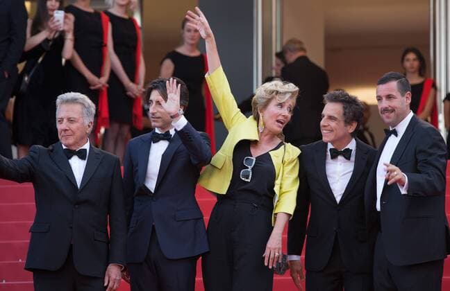 (170521) -- CANNES, May 21, 2017 -- (From L to R) U.S. actor Dustin Hoffman, U.S. director Noah Baumbach, British actress Emma Thompson, U.S. actor Ben Stiller and U.S. actor Adam Sandler pose on the red carpet for the screening of the film The Meyerowitz Stories in competition at the 70th Cannes International Film Festival in Cannes, France, on May 21, 2017. ) FRANCE-CANNES-FILM FESTIVAL- THE MEYEROWITZ STORIES -RED CARPET XuxJinquan 