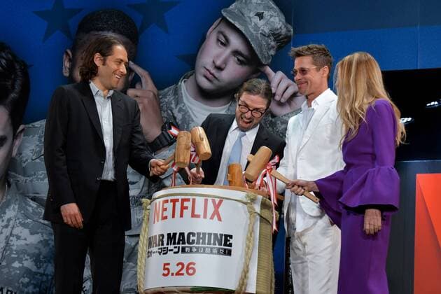 (L-R)Producer Dede Gardner, director David Michod, producer and actor Brad Pitt and producer Jeremy Kleiner attend the Japan premiere for the film War Machine in Tokyo, Japan on May 23, 2017.  TKP2017052318 KEIZOxMORI
