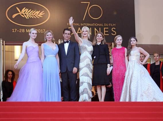 (From L to R) Elle Fanning, Kirsten Dunst, Colin Farrell, Nicole Kidman, Sofia Coppola, Addison Riecke and Angousie Rice arrive on the red carpet before the screening of the film The Beguiled during the 70th annual Cannes International Film Festival in Cannes, France on May 24, 2017.  CAN20170524063 DAVIDxSILPA