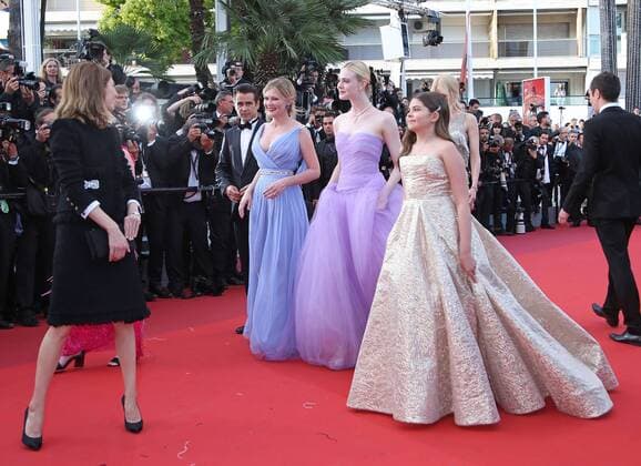 (From L to R) Sofia Coppola, Colin Farrell, Kirsten Dunst, Elle Fanning, Angousie Rice and Nicole Kidman arrive on the red carpet before the screening of the film The Beguiled during the 70th annual Cannes International Film Festival in Cannes, France on May 24, 2017.  CAN20170524103 DAVIDxSILPA