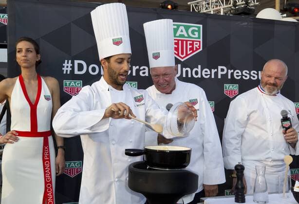 Monaco, Monte Carlo - May 27, 2017: FIA Formula One World Championship, Tag Heuer Party with Red Bull Racing Driver Daniel Ricciardo and Tag Heuer CEO Jean Claude Biver Monaco F1 Grand Prix 2017, Tag Heuer Party