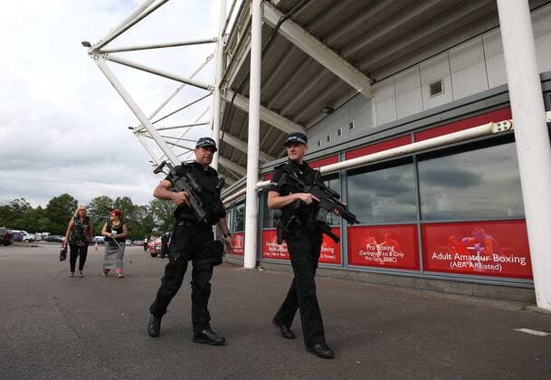 . 28 05 2017. Darlington, United Kingdom. Armed police at UB40 gig. Northern Echo Arena. Armed police patrol outside The Northern Echo arena in Darlington while it hosts a music event including bands UB40 and Level 42.  xChrisxBoothx xi-Imagesx IIM-15204-0003