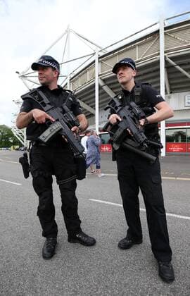 . 28 05 2017. Darlington, United Kingdom. Armed police at UB40 gig. Northern Echo Arena. Armed police patrol outside The Northern Echo arena in Darlington while it hosts a music event including bands UB40 and Level 42.  xChrisxBoothx xi-Imagesx IIM-15204-0007