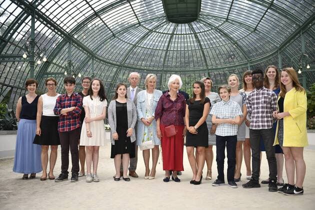Princess Astrid of Belgium and Queen Paola of Belgium pose for a group picture during a ceremony for the Queen Paola Award 2015-2016 (Koningin Paolaprijs - Prix Reine Paola) for education, at the royal castle in Laken Laeken, Brussels, Wednesday 31 May 2017. This year s themes are sciences, mathematics and technology.  ERICxLALMAND 05106912