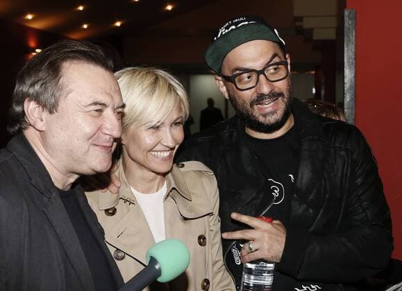 MOSCOW, RUSSIA - MAY 31, 2017: Directors Alexei Uchitel (L), Kirill Serebrennikov (R), and actress Ingeborga Dapkunaite (C) at the premiere of director Andrey Zvyagintsev s latest film Nelyubov Loveless . Zvyagintsev has won the Jury Prize for the film at the 70th Cannes Film Festival. Alexander Shcherbak TASS  TS050FA2