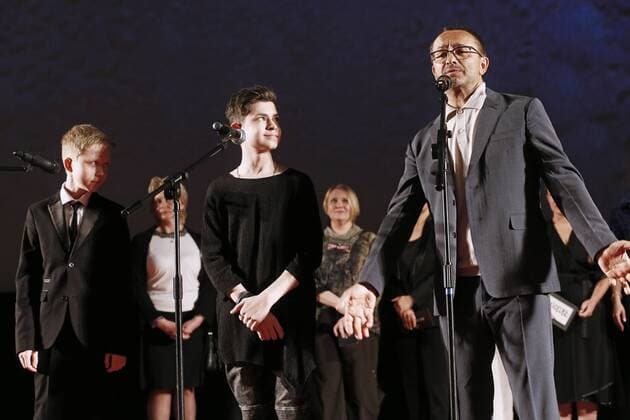 MOSCOW, RUSSIA - MAY 31, 2017: Director Andrey Zvyagintsev (R) at the premiere of his latest film Nelyubov Loveless . Zvyagintsev has won the Jury Prize for the film at the 70th Cannes Film Festival. Alexander Shcherbak TASS  TS050FC7