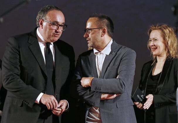 MOSCOW, RUSSIA - MAY 31, 2017: Producer Alexander Rodnyansky, director Andrey Zvyagintsev, and actress Yevgenia Dmitriyeva (L-R) at the premiere of director Andrey Zvyagintsev s latest film Nelyubov Loveless . Zvyagintsev has won the Jury Prize for the film at the 70th Cannes Film Festival. Alexander Shcherbak TASS  TS050FC8