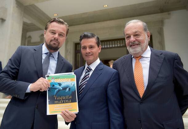 June 9, 2017 - Mexico City, DF, Mexico - Mexican President Enrique Pena Nieto, center, actor Leonardo DiCaprio and Mexican billionaire Carlos Slim discuss saving the Vaquita, a critically endangered porpoise native to Mexico s Gulf of California, at the presidential palace Los Pinos June 8, 2017 in Mexico City, Mexico. DiCaprio is joining forces with Pena Nieto and Slim to try and save the Vaquita from extinction. Mexico City Mexico - ZUMAp138 20170609_zaa_p138_007 Copyright: xJulioxCesarxHernandezxReyesx
