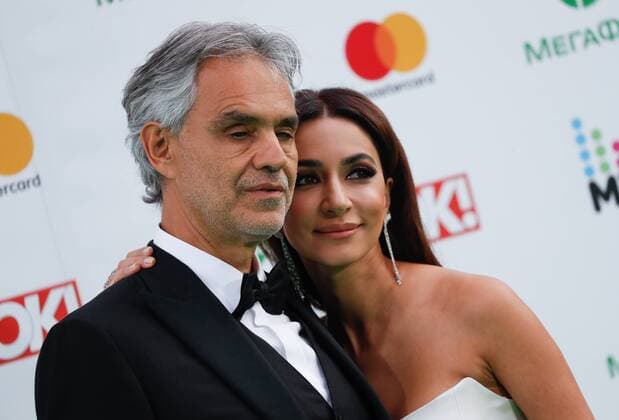 MOSCOW, RUSSIA - JUNE 9, 2017: Italian tenor Andrea Bocelli (L) and Russian singer Zara seen ahead of the 2017 Muz-TV Music Awards ceremony at Olimpiyskiy Olympic Stadium. Artyom Geodakyan TASS  TS0525EC