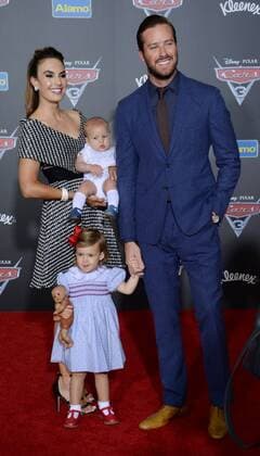 Cast member Armie Hammer the voice of Jackson Storm in the animated motion picture comedy Cars 3 attends the premiers of the film with his wife, actress Elizabeh Chambers and their son Ford Hammer and daughter Harper Hammer at the Anaheim Convention Center in Anaheim, California on June 10, 2017. Storyline: Lightning McQueen sets out to prove to a new generation of racers that he s still the best race car in the world.  LAP2017061032 JIMxRUYMEN