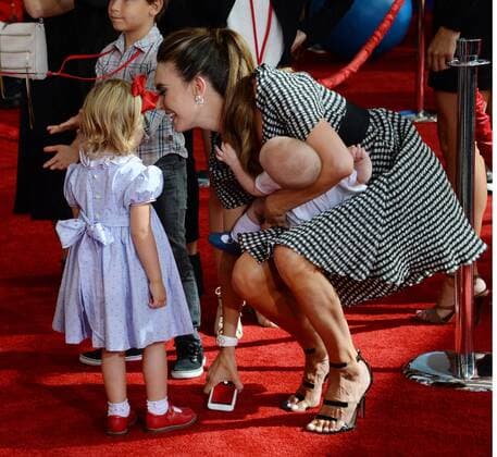 Actress Elizabeh Chambers speaks with daughter Harper Hammer while holding Ford Hammer during the premiere of the motion picture comedy Cars 3 at the Anaheim Convention Center in Anaheim, California on June 10, 2017. Storyline: Lightning McQueen sets out to prove to a new generation of racers that he s still the best race car in the world.  LAP2017061042 JIMxRUYMEN