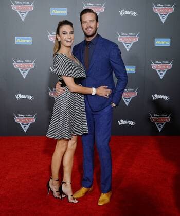 Cast member Armie Hammer the voice of Jackson Storm in the animated motion picture comedy Cars 3 and his wife, actress Elizabeh Chambers attend the premiere of the film at the Anaheim Convention Center in Anaheim, California on June 10, 2017. Storyline: Lightning McQueen sets out to prove to a new generation of racers that he s still the best race car in the world.  LAP2017061046 JIMxRUYMEN
