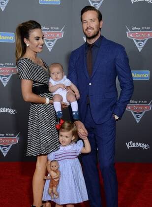 Cast member Armie Hammer the voice of Jackson Storm in the animated motion picture comedy Cars 3 attends the premiers of the film with his wife, actress Elizabeh Chambers and their son Ford Hammer and daughter Harper Hammer at the Anaheim Convention Center in Anaheim, California on June 10, 2017. Storyline: Lightning McQueen sets out to prove to a new generation of racers that he s still the best race car in the world.  LAP2017061099 JIMxRUYMEN