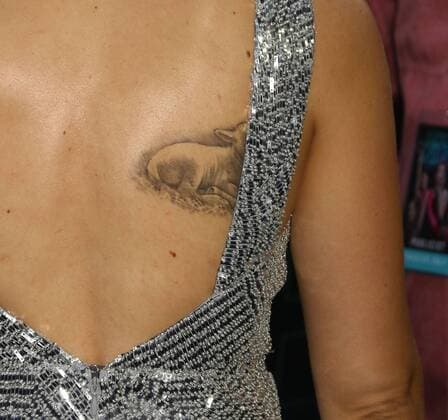 June 12, 2017 - New York, New York, U.S. - A close-up of the tattoo worn by actress SCARLETT JOHANSSON at the New York premiere of Rough Night held at AMC Loews Lincoln Square. New York U.S. - ZUMAk03_ 20170612_zaf_k03_111 Copyright: xNancyxKaszermanx