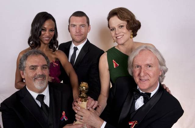 After receiving The Golden Globe for BEST MOTION PICTURE DRAMA for Avatar, produced by Lightstorm Entertainment; Twentieth Century Fox, Zoe Saldana, producer Jon Landau, Sam Worthington, James Cameron and Sigourney Weaver pose backstage in the press room at the 67th Annual Golden Globe Awards at the Beverly Hilton in Beverly Hills, CA Sunday, January 17, 2010.  Copyright: xHFPAxPhotographerx 30110_707