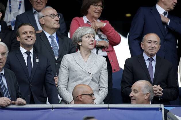 People au match France Vs Angleterre 3-2 au Stade de France. Gerard Collomb;Theresa May;Emmanuel Macron Paris France  525476