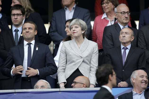 People au match France Vs Angleterre 3-2 au Stade de France. Gerard Collomb;Theresa May;Emmanuel Macron Paris France  525476