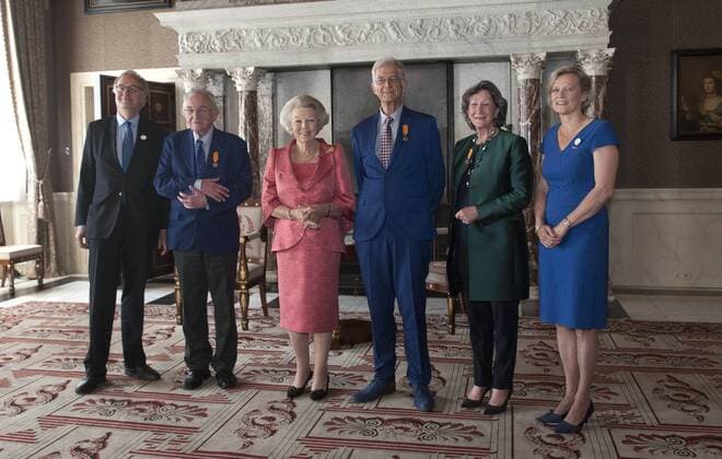 14-06-2017 Amsterdam Princess Beatrix with A. Rinnooy Kan and Mrs. M. Nillesen during the award ceremony of the silver carnation ( zilveren anjers) of the Prince Bernard culturefoundation at the royal palace in Amsterdam. The silver carnation is annually awarded to individuals who voluntarily worked for culture and nature conservation. The awards winners are Jan Buisman, Elise Wessels - van Houdt and Pieter Breuker  Copyright: xPPE WERFx