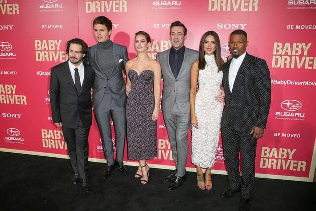 Ansel Elgort, Lily James, Edgar Wright, Jon Hamm, Eiza Gonzalez und Jamie Foxx, die Schauspieler bei der Baby Driver Film Premiere am 14.06.2017 in Los Angeles Baby Driver Filmpremiere in Los Angeles, 2017 