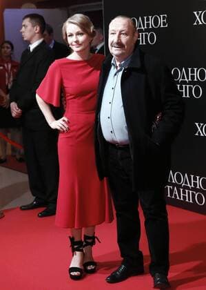 MOSCOW, RUSSIA - JUNE 15, 2017: Actress Yulia Peresild and cinematographer Igor Klebanov (L-R front) pose at the Moscow premiere of Cold Tango, a film directed by Pavel Chukhray, at the Karo 11 Oktyabr cinema. Alexander Shcherbak TASS  TS0531F1