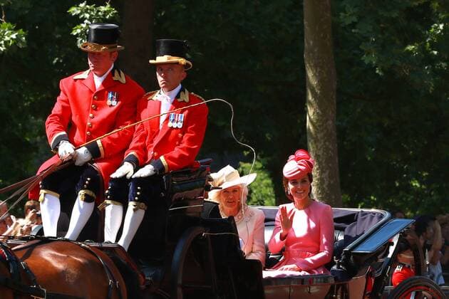 Camilla, Duchess of Cornwall, and Kate (Catherine Middleton) Duchess of Cambridge, at the Trooping of the Colour 2017. This year the 1st Battalion of the Irish Guards will be providing the colour and Prince William, Duke of Cambridge, is their Colonel. Trooping the Colour marks the Queens official birthday. Trooping the Colour, London, June 17, 2017 