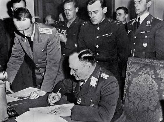 On May 7, 1945 the German General Alfred Jodl unconditionally surrendered all German forces to the Allies at Reims, in northwestern France  1003_688THA