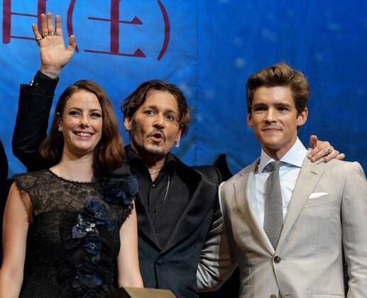 (L-R) Actors Kaya Scodelario, Johnny Depp and Brenton Thwaites attend the Japan premiere for the film Pirates of the Caribbean: Dead Men Tell No Tales in Tokyo, Japan on June 20, 2017.  TKP2017062019 KEIZOxMORI