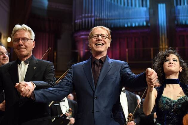 Hollywood composer Danny Elfman (center), conductor John Mauceri (left) and violinist Sandy Cameron attend the first day of the international music festival Prague Proms in Prague, Czech Republic, on June 21, 2017. (CTKxPhoto KaterinaxSulova) CTKPhotoP201706211050301  suk3