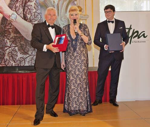 Ivana Trump, center, a former wife of the incumbent U.S. president, internationally popular Czech pop star Karel Gott, physiotherapist Pavel Kolar and sports manager Miroslav Cernosek are presented with the Ambassador of the Czech Republic title, a new award launched by the Spolecnost CZECH TOP group at Prague Castle, on Wednesday, June 21, 2017. The award goes to personalities whose professional successes have contributed to the Czech Republic s international fame. At left is Jan Struz, representative of the CZECH TOP group. (CTKxPhoto RenexFluger) CTKPhotoF201706220910501 