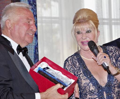 Ivana Trump, right, a former wife of the incumbent U.S. president, internationally popular Czech pop star Karel Gott, physiotherapist Pavel Kolar and sports manager Miroslav Cernosek are presented with the Ambassador of the Czech Republic title, a new award launched by the Spolecnost CZECH TOP group at Prague Castle, on Wednesday, June 21, 2017. The award goes to personalities whose professional successes have contributed to the Czech Republic s international fame. At left is Jan Struz, representative of the CZECH TOP group. (CTKxPhoto RenexFluger) CTKPhotoF201706220913701 