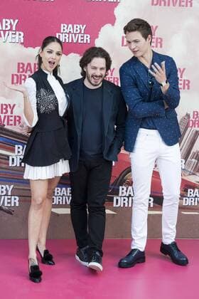 Mexican actress Eiza González, director of the film, Edgar Wright and american actor Ansel Elgort attends to the presentation of the film Baby Driver at Villa Magna Hotel in Madrid, June 23, 2017. Spain.  (20170623042)