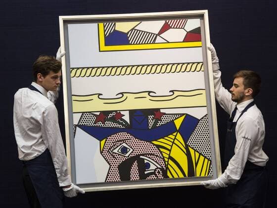 Sotheby s, Contemporary Art, London, UK Londdon, UK. 23 June 2017. Sotheby s technicians handling Roy Lichtenstein s Two Paintings with Dada, 1983, est. GBP 2.4-3m. Preview of Sotheby s Contemporary Art Evening Sale taking place on 28 June 2017.