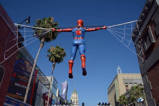 A Spiderman figure hovers over the premiere of the sci-fi motion picture Spider-Man: Homecoming at TCL Chinese Theatre in the Hollywood section of Los Angeles on June 28, 2017. Storyline: Following the events of Captain America: Civil War (2016), Peter Parker attempts to balance his life in high school with his career as the web-slinging superhero Spider-Man.  LAP2017062856 JIMxRUYMEN