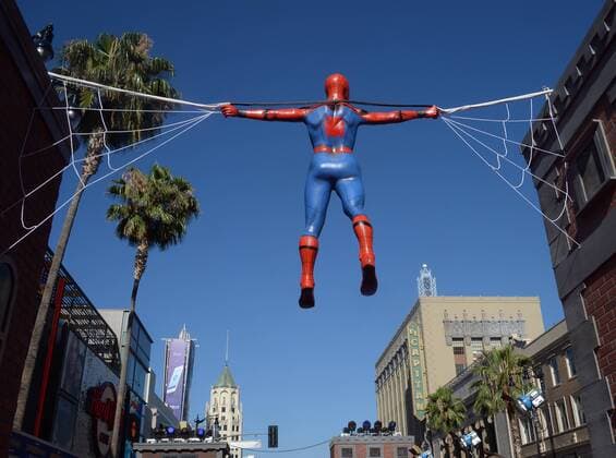 A Spiderman figure hovers over the premiere of the sci-fi motion picture Spider-Man: Homecoming at TCL Chinese Theatre in the Hollywood section of Los Angeles on June 28, 2017. Storyline: Following the events of Captain America: Civil War (2016), Peter Parker attempts to balance his life in high school with his career as the web-slinging superhero Spider-Man.  LAP2017062857 JIMxRUYMEN