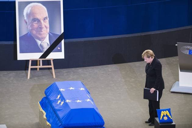 Chancellor of Germany Angela Merkel pictured during a ceremony in tribute to former German chancellor Helmut Kohl, Saturday 01 Jule 2017. Kohl, who oversaw German reunification and was a driving force in Europe s integration, died on June 16 at age of 87.  LAURIExDIEFFEMBACQ 05123808