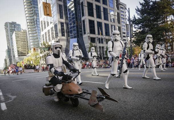 (170703) -- VANCOUVER, July 3, 2017 -- Performers dressed like Star Wars characters march at the 2017 Canada Day Parade in Vancouver, Canada, July 2, 2017. About 2,000 participants in different traditional costumes participated in this event to celebrate Canada s 150th birthday on Saturday in Vancouver. ) (yy) CANADA-VANCOUVER-150TH CELEBRATION OF CANADA DAY LiangxSen 