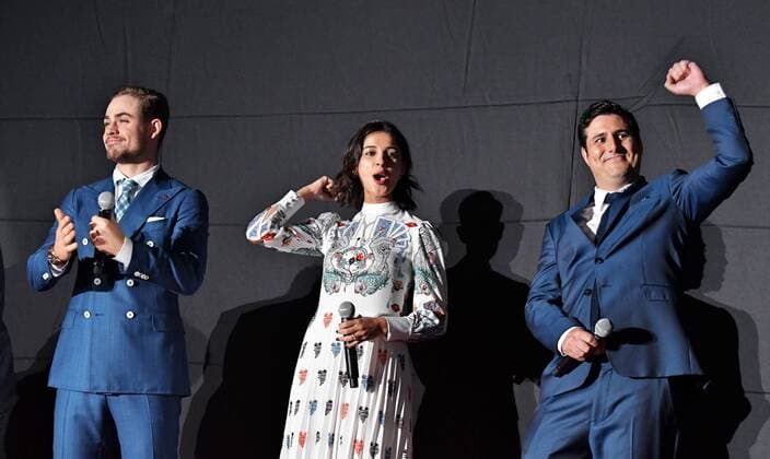 (L-R)Actor Dacre Montgomery, actress Naomi Scott and director Dean Israelite attend the Japan premiere for the film Power Rangers in Tokyo, Japan on July 3, 2017.  TKP2017070325 KEIZOxMORI