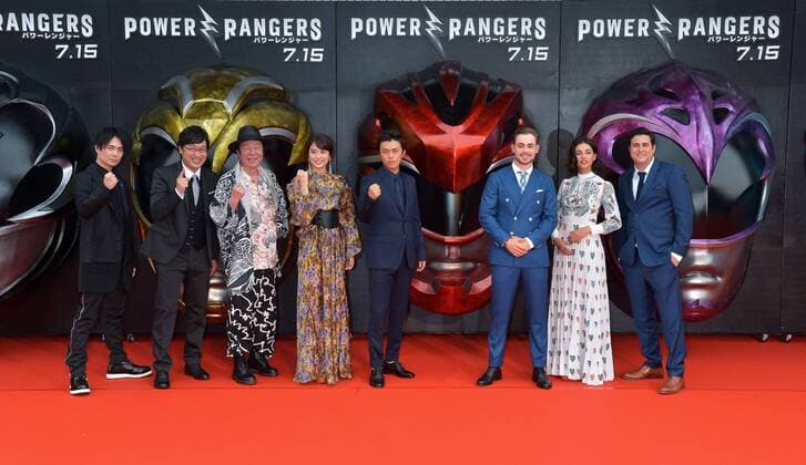(L-R)voice actor Tatsuhisa Suzuki, comedian Ryota Yamasato, actor Arata Furuta, actress Alice Hirose, actor Ryo Katsuji, actor Dacre Montgomery, actress Naomi Scott and director Dean Israelite attend the Japan premiere for the film Power Rangers in Tokyo, Japan on July 3, 2017.  TKP2017070316 KEIZOxMORI