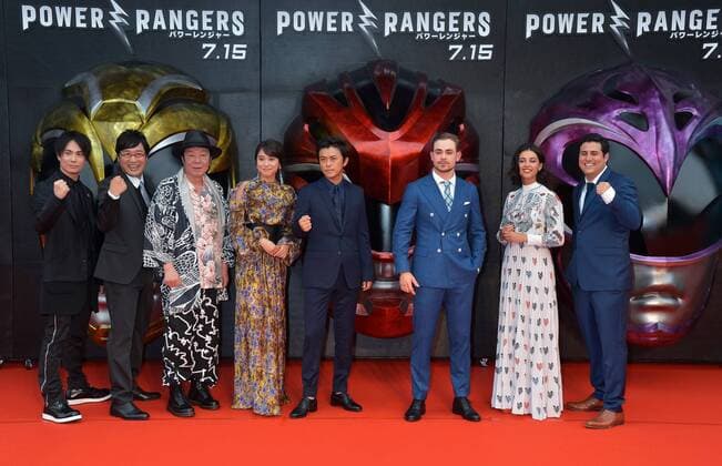(L-R)voice actor Tatsuhisa Suzuki, comedian Ryota Yamasato, actor Arata Furuta, actress Alice Hirose, actor Ryo Katsuji, actor Dacre Montgomery, actress Naomi Scott and director Dean Israelite attend the Japan premiere for the film Power Rangers in Tokyo, Japan on July 3, 2017.  TKP2017070317 KEIZOxMORI
