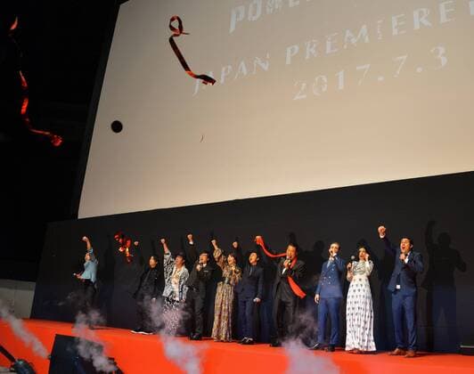 (L-R)voice actor Tatsuhisa Suzuki, actor Arata Furuta, comedian Ryota Yamasato, actress Alice Hirose, actor Ryo Katsuji, Former professional wrestler Antonio Inoki, actor Dacre Montgomery, actress Naomi Scott and director Dean Israelite attend the Japan premiere for the film Power Rangers in Tokyo, Japan on July 3, 2017.  TKP2017070326 KEIZOxMORI