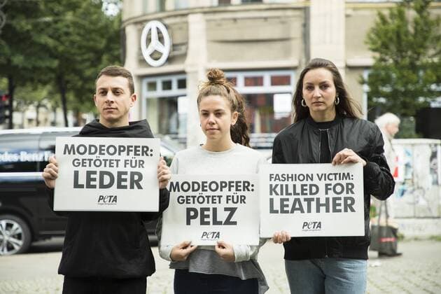 July 4, 2017 - Berlin, Germany - A group of people protest against the use of furs and leather in fashion before the beginning of the Mercedes-Benz Berlin Fashion Week Spring Summer 2018 in front of Jandorf Kaufhaus in Berlin, Germany on July 4, 2017. Berlin Germany  - ZUMAn230 20170704_zaa_n230_132 Copyright: xEmmanuelexContinix