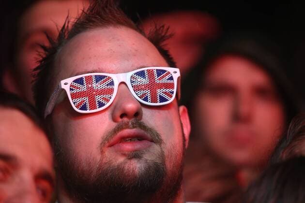 TVER REGION, RUSSIA â€“ JULY 8, 2017: A festival-goer in Union Jack glasses at the 2017 Nashestvie open air rock music festival. Alexander Ryumin TASS  TS056A5D