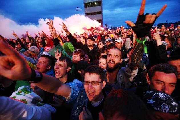 TVER REGION, RUSSIA â€“ JULY 9, 2017: Festival-goers enjoy a performance at the 2017 Nashestvie open air rock music festival. Alexander Ryumin TASS  TS056BE0