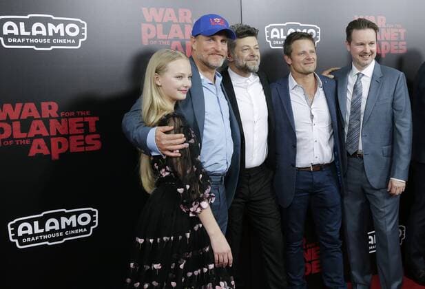 Amiah Miller, Woody Harrelson, Andy Serkis, Steve Zahn and Matt Reeves arrive on the red carpet at War for the Planet Of The Apes premiere at SVA Theater on July 10, 2017 in New York City.  NYP20170710109 JOHNxANGELILLO
