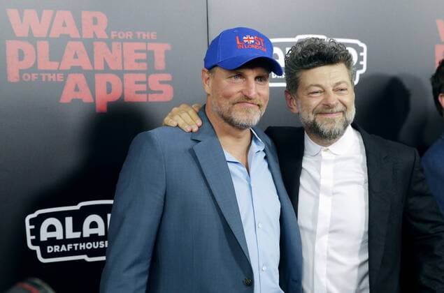 Andy Serkis and Woody Harrelson arrive on the red carpet at War for the Planet Of The Apes premiere at SVA Theater on July 10, 2017 in New York City.  NYP20170710111 JOHNxANGELILLO