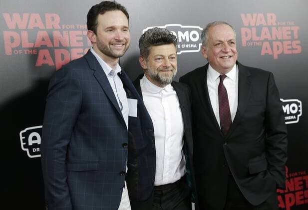 Dan Lemmon, Andy Serkis and Sr. VFX Supervisor Joe Letteri arrive on the red carpet at War for the Planet Of The Apes premiere at SVA Theater on July 10, 2017 in New York City.  NYP20170710136 JOHNxANGELILLO