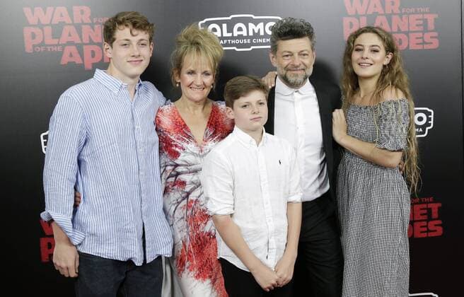 Andy Serkis arrives with his family on the red carpet at War for the Planet Of The Apes premiere at SVA Theater on July 10, 2017 in New York City.  NYP20170710137 JOHNxANGELILLO